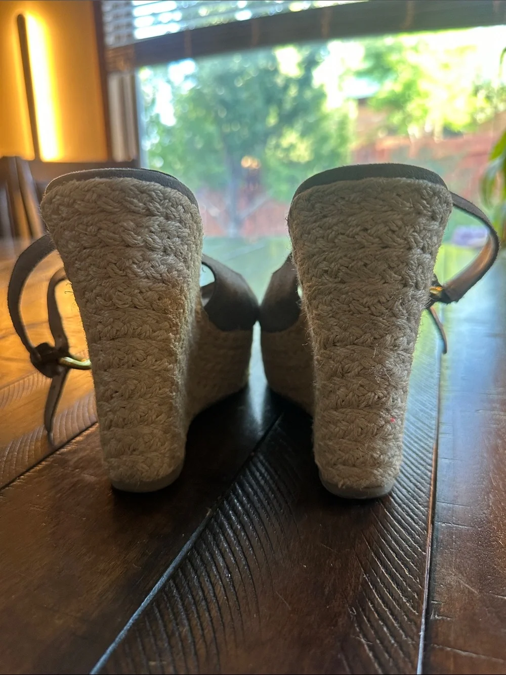 Express Gray Suede Espadrille Wedge Sandals with Gold Buckle